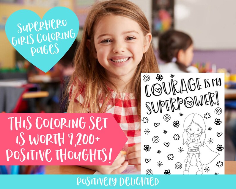 Instant Download PDF Superhero Girl Power Coloring Pages Superhero Birthday Party Favors Affirmation Gift Set of 9