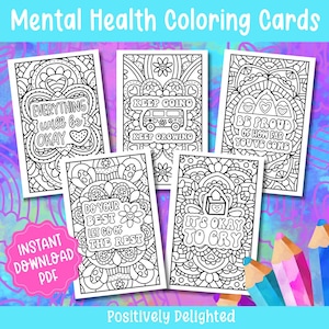 Set 1 / Tarjetas para colorear imprimibles de salud mental / Alivio del estrés y bienestar mental / Regalo de terapia / Autocuidado de la ansiedad / Descarga instantánea PDF