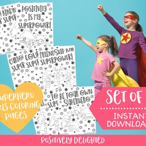 Superhero Girl Power Coloring Pages | Set of 9 | Superhero Birthday Party Favors | Affirmation Gift | Instant Download PDF