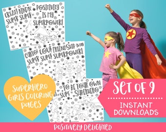 Superhero Girl Power Coloring Pages | Set of 9 | Superhero Birthday Party Favors | Affirmation Gift | Instant Download PDF