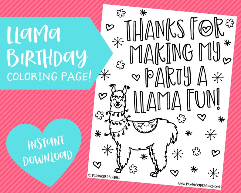 Llama Birthday Coloring Page Printable Llama Party Favor | Etsy