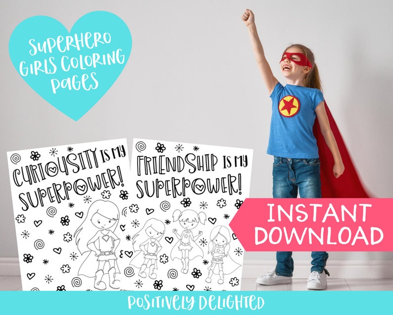 Instant Download PDF Superhero Girl Power Coloring Pages Superhero Birthday Party Favors Affirmation Gift Set of 9