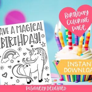 Unicorn Birthday Coloring Page Printable | Unicorn Party Favor | Rainbow Unicorn | Unicorn Gift | Instant Download PDF