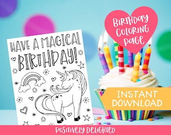 Unicorn Birthday Coloring Page Printable | Unicorn Party Favor | Rainbow Unicorn | Unicorn Gift | Instant Download PDF