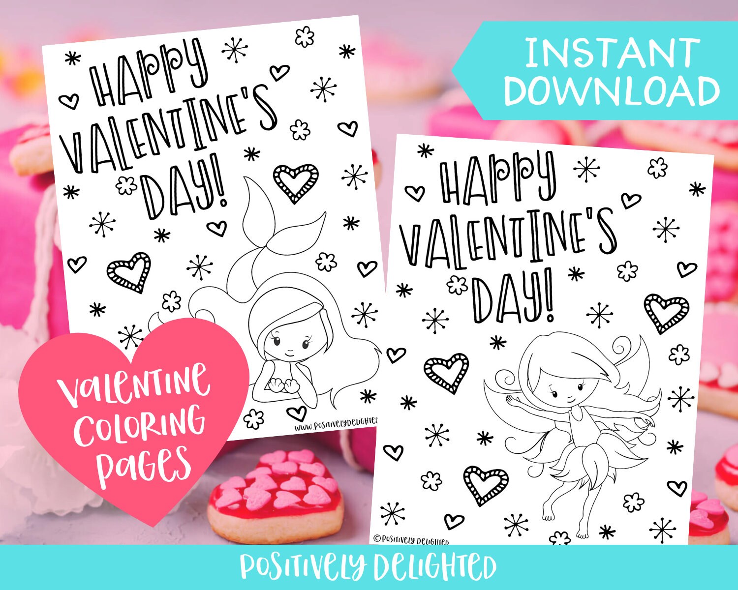 Mermaid Fairy Valentine Coloring Pages Valentine's Day | Etsy