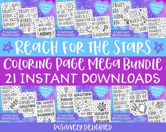 Reach for the Stars Mega Coloring Bundle | Dream Big | Vision Board | Positive Affirmation | Adult Coloring Pages | Instant Download PDFs