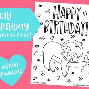 Cute Sloth Birthday Coloring Page Printable Sloth Party Favor Sloth Activity Printable Coloring Pages Instant Download PDF image 1