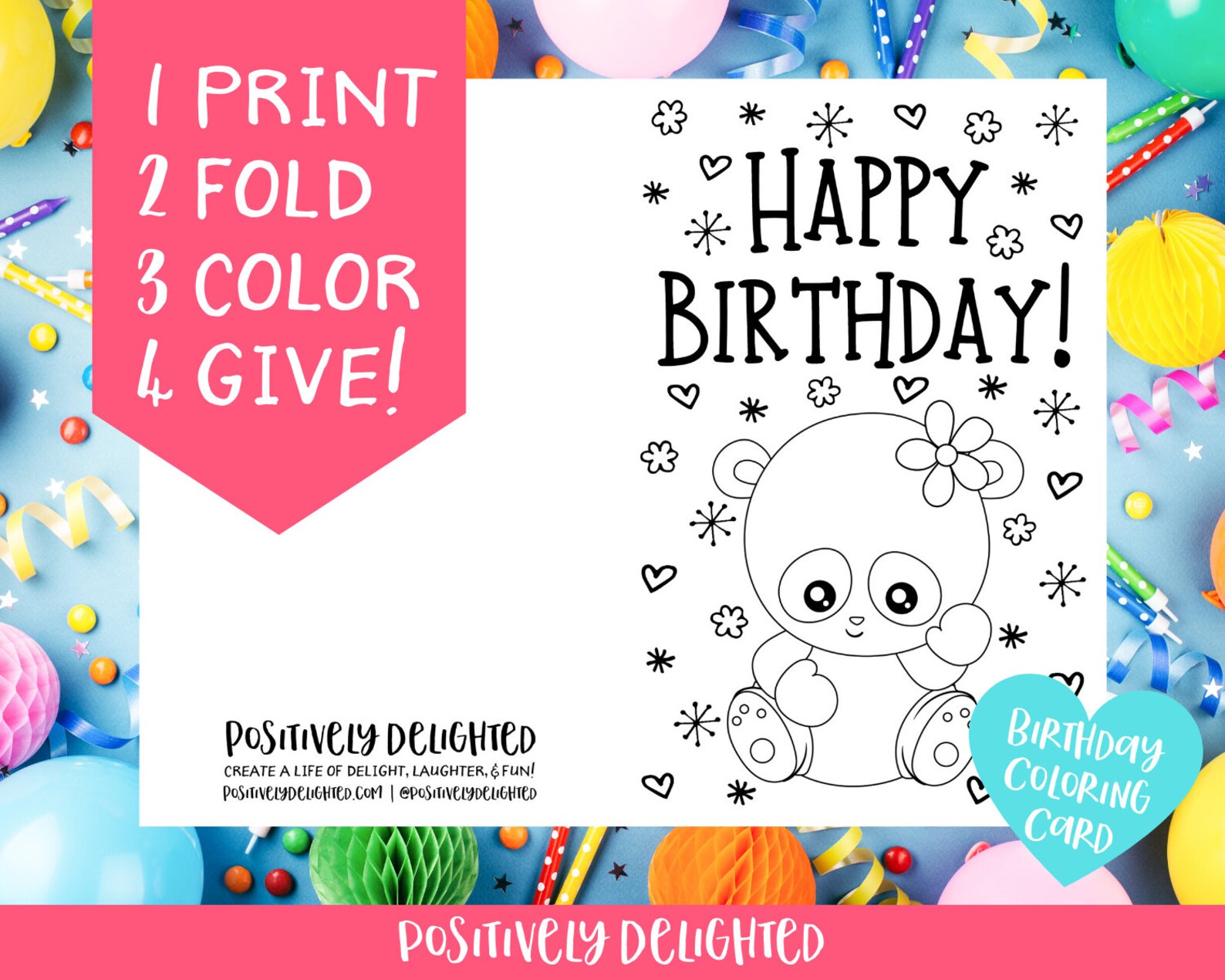 Panda Birthday Coloring Card Printable Happy Birthday | Etsy