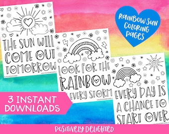 Coloriages soleil arc-en-ciel imprimables | Anxiété liée au stress | État d'esprit positif | Affirmation positive | Livre de coloriage pour adultes | Téléchargement instantané PDF