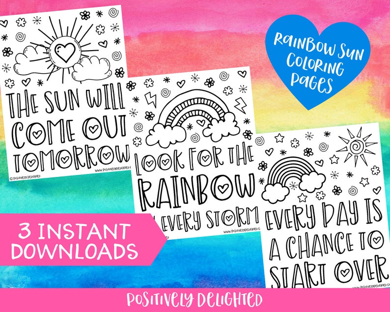 Rainbow Sun Coloring Pages Printable Stress Anxiety Positive Mindset Positive Affirmation Adult Coloring Book Instant Download PDF image 1