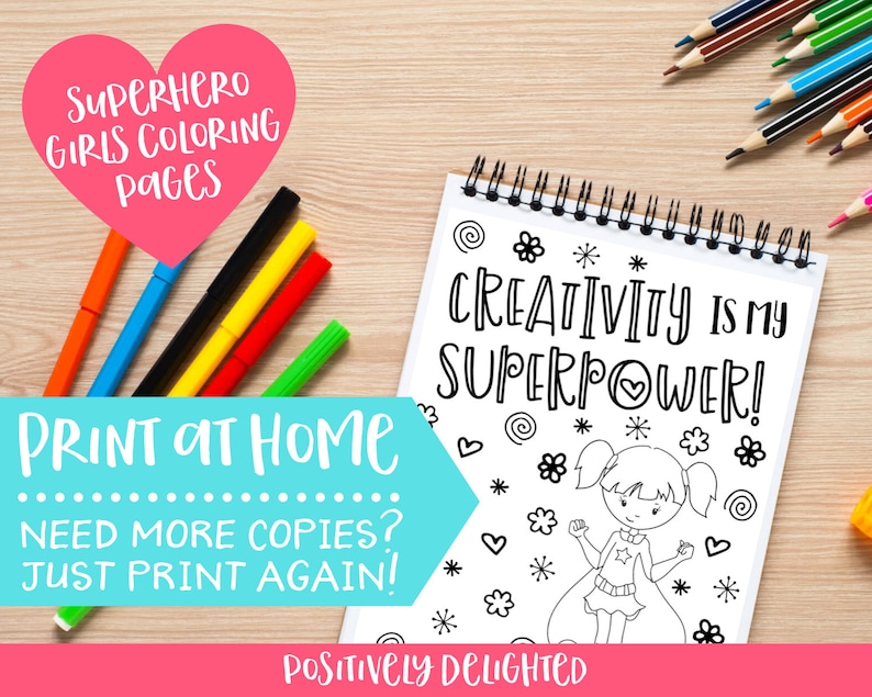 Instant Download PDF Superhero Girl Power Coloring Pages Superhero Birthday Party Favors Affirmation Gift Set of 9
