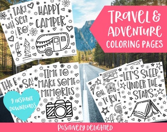 Set of 9 | Travel & Adventure Coloring Pages Printable | Travel Gift | Travel Activity | Road Trip | Camping Activity | Instant Download PDF