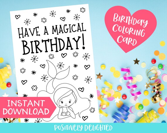 Mermaid Birthday Coloring Card Printable Happy Birthday Etsy Hong Kong