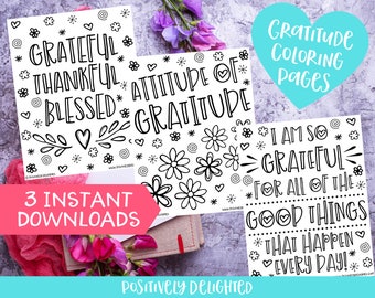 Gratitude Coloring Pages Printable | Gratitude Journal | Grateful Thankful Blessed | Adult Coloring Book | Instant Download PDF