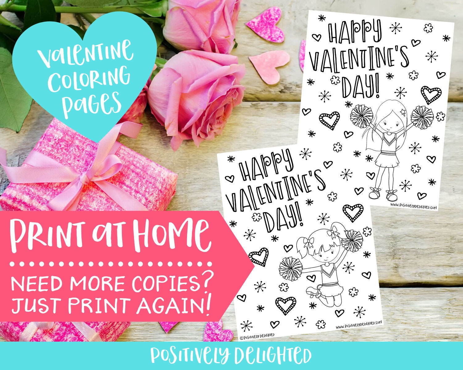 Cheerleader Valentine Coloring Pages Valentine's Day - Etsy