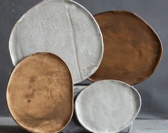 to ORDER the SET of 2 x or 4 x flat PLATES in natural geometric design, brown, beige, white color, handmade ceramic, stoneware, smooth lines