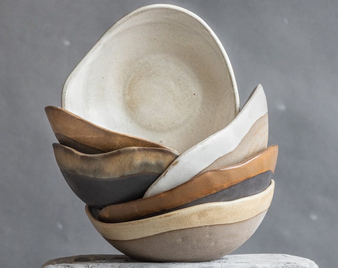 handmade ceramic SET of BOWLS, SALAD bowl, pasta bowls, cereal bowl, granola bowl, soup, noodles minimal organic natural geometric design