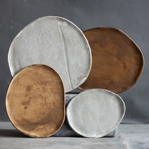 to ORDER the SET of 2 x or 4 x flat PLATES in natural geometric design, brown, beige, white color, handmade ceramic, stoneware, smooth lines