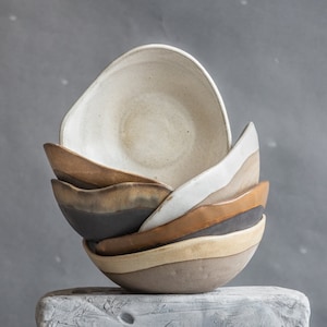 handmade ceramic SET of BOWLS, SALAD bowl, pasta bowls, cereal bowl, granola bowl, soup, noodles minimal organic natural geometric design
