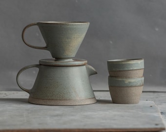 IN STOCK Set of coffee dripper/pour over+coffee jug/pot+two tumblers in blue on gray color, stoneware, handmade ceramics, coffee lover set