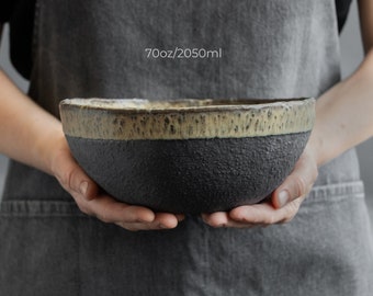 SET OF TWO Flat Bottom Salad & Ramen Bowls 70oz or 2050ml, Green Wabi-Sabi Stoneware