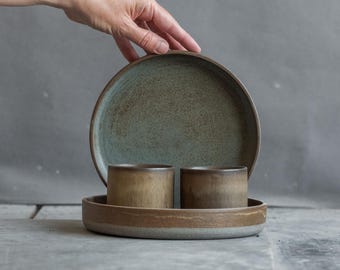 IN STOCK Set of 2 plates and 2 cups minimal design, multicolour, stoneware, handmade ceramics, tableware, Christmas present