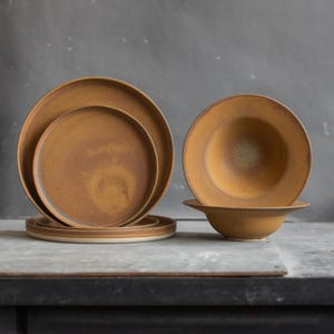 DINNER SET of 2 x plates and 1 x wide-rim pasta bowl for fine dining, restaurant, Golden Ocher orange color, stoneware, handmade ceramics