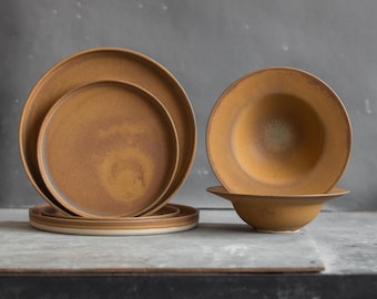 DINNER SET of 2 x plates and 1 x wide-rim pasta bowl for fine dining, restaurant, Golden Ocher orange color, stoneware, handmade ceramics