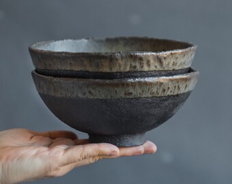 IN STOCK a set of x 2 BOWLS in dark greenish in wabi-sabi style for everyday in minimal design, stoneware, handmade ceramic