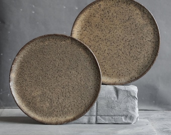 IN STOCK set of 2 x 10.9''/27,5cm flat PLATES for every day in dark chocolate&grey-black color, handmade ceramic, stoneware