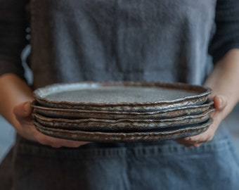 SET of 2 large, middle size, or small flat PLATES in green, grey, black color, handmade ceramics for fine dining restaurant stoneware