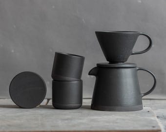 IN STOCK Set of coffee dripper/pour over+BIG coffee jug/pot+two tumblers in total black color, stoneware, handmade ceramics, coffee lover