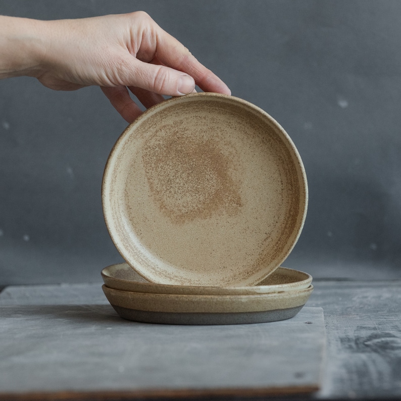 IN STOCK Set of 3 plates for every day in minimal design in beige on grey, stoneware, handmade ceramics image 1