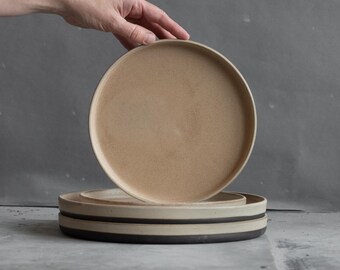 in stock Set of 4 PLATES (TWO 8.5"/21.5cm and TWO 10.6"/26.8cm) minimal design, black, beige, gray bottom, stoneware handmade ceramics