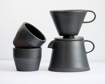 TO ORDER Coffee set of dripper/pour over+coffee jug/pot+two tumblers ultimate black color, stoneware, handmade ceramic