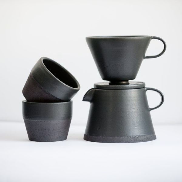 TO ORDER Coffee set of dripper/pour over+coffee jug/pot+two tumblers ultimate black color, stoneware, handmade ceramic