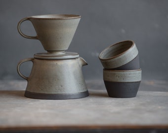 TO ORDER Set of coffee dripper/pour over+coffee jug/pot+two tumblers in grey-green&black color, stoneware, handmade ceramic