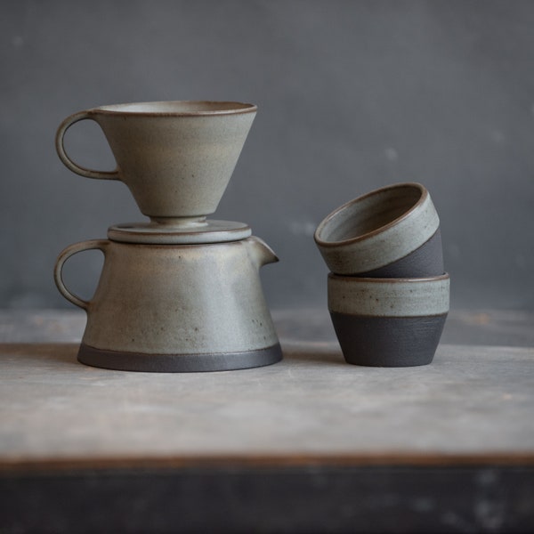 TO ORDER Set of coffee dripper/pour over+coffee jug/pot+two tumblers in grey-green&black color, stoneware, handmade ceramic