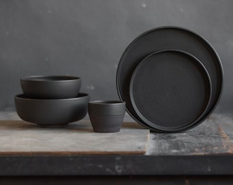 DINNER SET for 1, 2, 4, 6, 8, 10, 12 persons | Dinnerware | Matte | Dining set | Flat plates | Salad bowls Tableware STONEWARE ceramic black