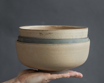 IN STOCK Set of 3 nest bowls, ramen bowl/versatile bowl in beige/blue color stoneware handmade ceramics, Birthday gift, versatile bowls