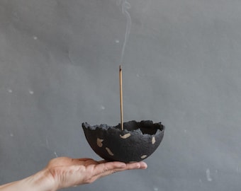 ONE or TWO Incense Holder Bowls – Wabi-Sabi Japandi Minimal Handmade Ceramics, Spotted Black
