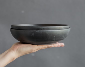 IN STOCK Set of 2 pasta bowls in japan style for everyday in minimal style, spotted gray on black, stoneware, handmade ceramic, Christmas