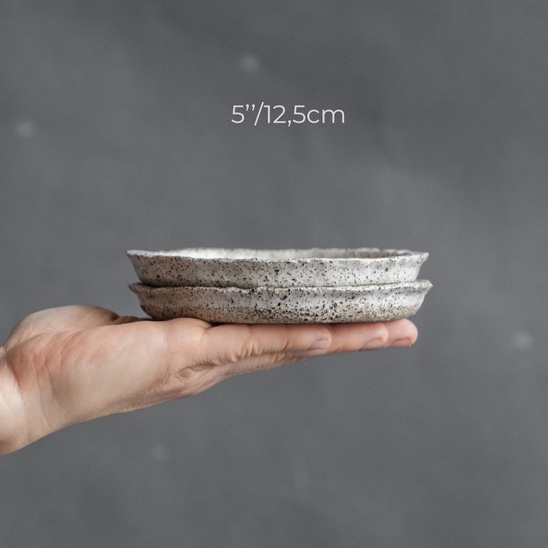 TO ORDER a SET of 2 or more flat plates for every day in wabi-sabi design, dark in white and gray color, handmade ceramic, stoneware 2 plates x 5'' inches