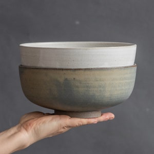 IN STOCK Set of 2 ramen bowls 57.5oz/1700ml in white&blue on gray color, matt glazed, stoneware handmade ceramics, versatile bowls