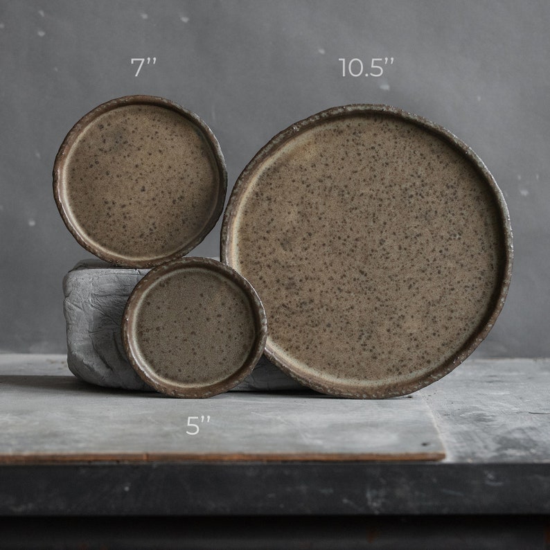 SET of 2 BIG, middle size, or small flat PLATES for everyday and fine dining in dark chocolate&grey-black color, handmade ceramic, stoneware image 3