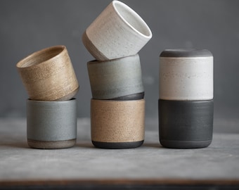 SET VAN TWEE x 6oz/180ml Koffiebekers voor filterkoffie en plat wit, in verschillende kleuren, handgemaakt keramiek, steengoed