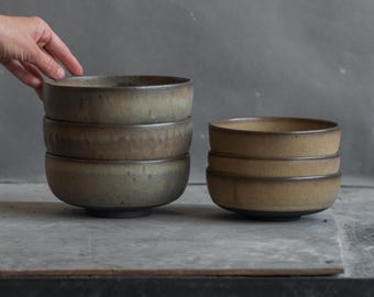 In STOCK Set of 6 Ramen/Breakfast BOWLS, minimal design, stoneware, greenish on black, handmade ceramics, pottery, tableware, wheel-thrown