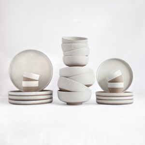 DINNERWARE SET for 1, 2, 4, 6, 8, 10, 12 persons | Dinner set | Matte | Flat plates | Salad bowlsTableware STONEWARE ceramic white on gray