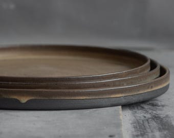 IN STOCK Set of 3 BIG plates/trays in minimal design, dark green, black bottom, stoneware, handmade ceramics, tableware
