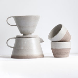 TO ORDER Set of coffee dripper/pour over+coffee jug/pot+two tumblers in white&gray color, stoneware, handmade ceramic